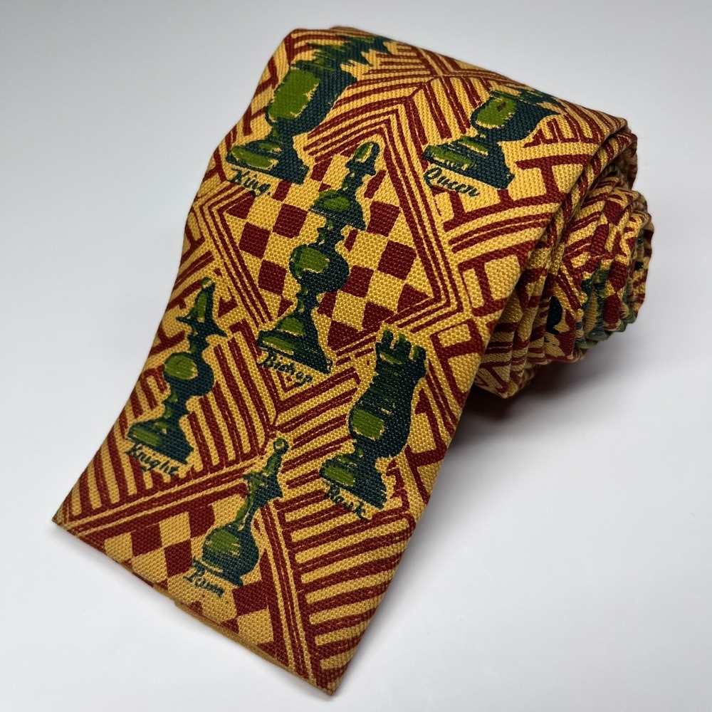 Vintage Rooster Short 55" Hand Printed Men's Cotton Square End Necktie Chess